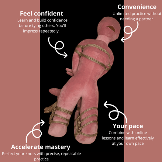 Life-sized shibari practice doll used for rehearsing beginner knots and harnesses
