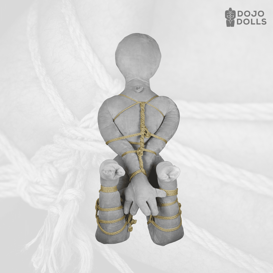 A grey shibari practice doll tied in a takate kote box tie, seen from behind