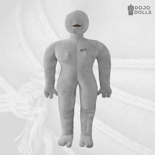 Sabrina, the plus-size life-sized shibari practice doll, standing untied