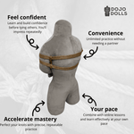 Dojo Dolls Gabrielle shibari practice doll shown from behind with a chest harness, alongside icons highlighting the benefits of solo rope practice: confidence, convenience, self-paced learning, and mastery.
