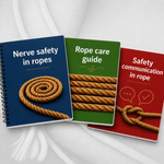 Three guidebook covers: Nerve Safety in Ropes, Rope Care Guide, and Safety Communication in Rope