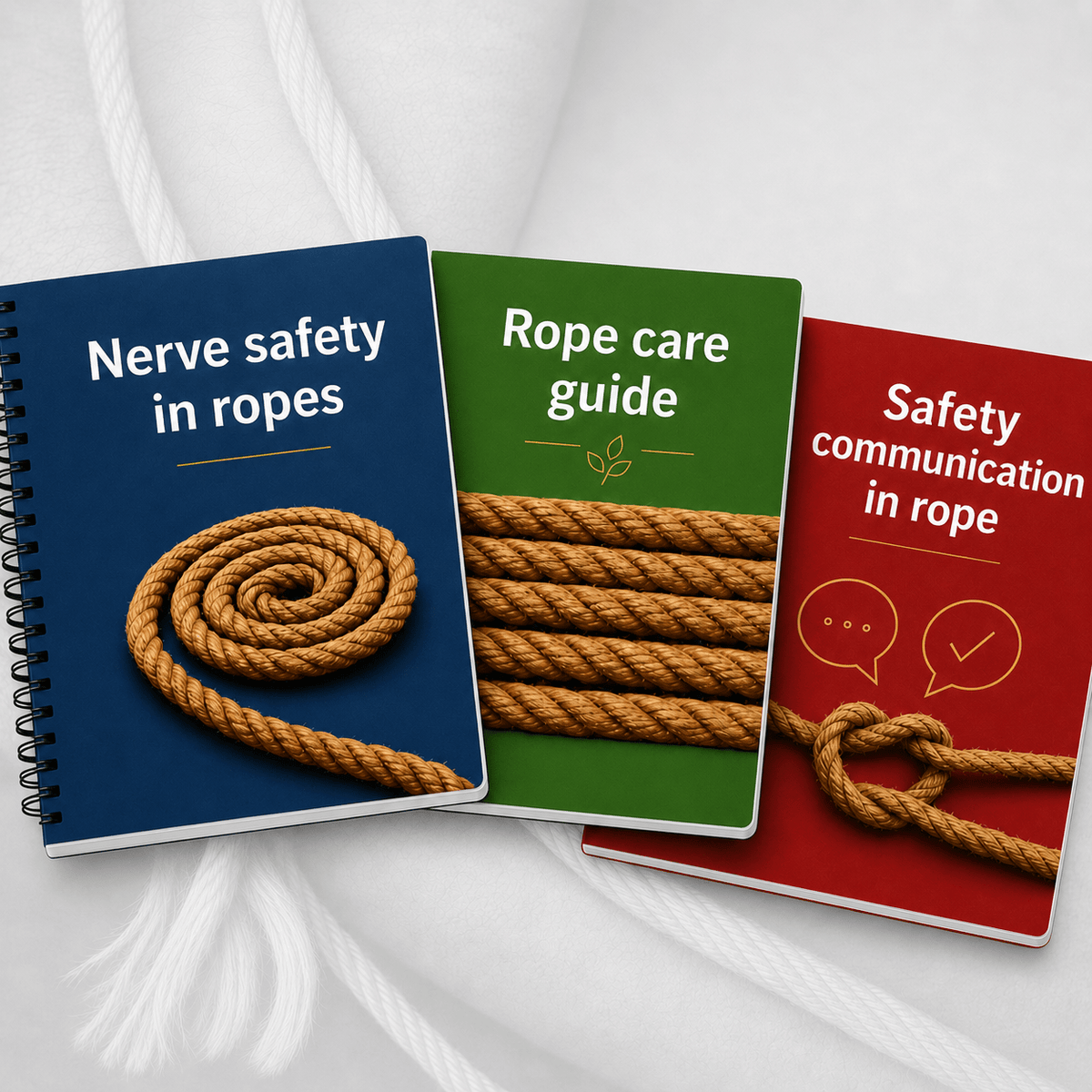 Three guidebook covers: Nerve Safety in Ropes, Rope Care Guide, and Safety Communication in Rope