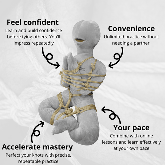 Dojo Dolls shibari practice doll tied in a kneeling pose, showing four benefits of solo shibari training: confidence, convenience, self-paced learning, and mastery.