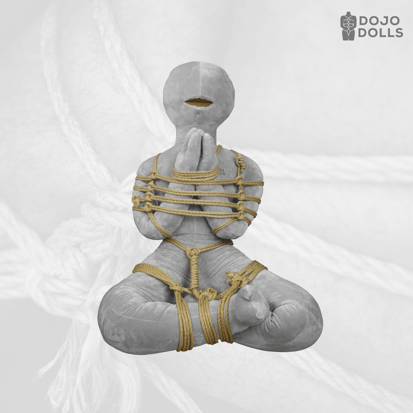 Dojo Dolls shibari practice doll tied in sitting position — ideal for learning basic shibari knots and simple shibari ties for beginners.
