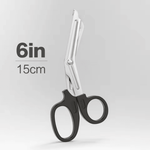 EMT-style safety shears with black handles, shown at their true size of 6 inches (15cm)